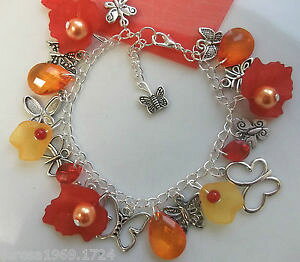 �y���������z�C�^���A���@�u���X���b�g�@�I�����W�n���h���C�h�u���X���b�gbutterfly bracciale con charm argento placcato rosso arancione fatto a mano regalo 75in