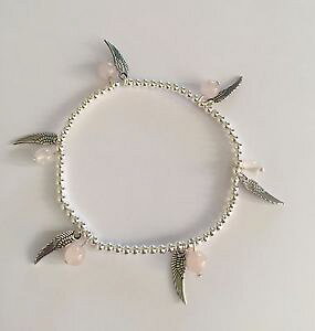 �y���������z�C�^���A���@�u���X���b�g�@�X�^�[�����O�V���o�[�u���X���b�g�s���N�X�g���b�`�A���_���W�F��argento sterling braccialetto stretch con vero quarzo rosa perle amp; ali dangelo charms