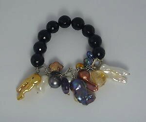 �y���������z�C�^���A���@�u���X���b�g�@�J�t�I�j�L�X�`�F�[���V���o�[bracciale donna onice nero e perle di varie forme su catena argento