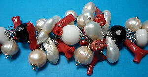 【送料無料】イタリアン ブレスレット カフコーラルビーズシルバーオニキスbracciale donna corallo perle e onice nero su argento 925