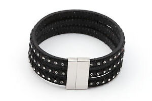 【送料無料】イタリアン ブレスレット コンパートメントブラックステンレススチールニースブレスレットdonna strass bracciale in pelle 3 scomparto nero chiusura magnetica in acciaio inox nice 4u