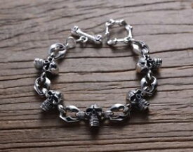 【送料無料】メンズブレスレット　925スターリングmensチェーンカフスブレスレットsolid 925 sterling silver mens heavy skull chain cuff bracelet