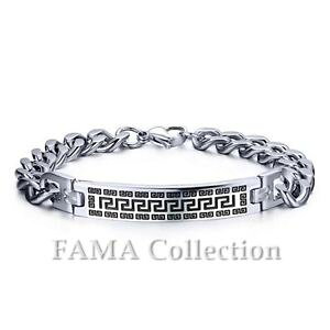 �y���������z�����Y�u���X���b�g�@�M���V��id�v���[�gfama�X�e�����X�u���X���b�gtop quality fama stainless steel bracelet with centre greek key id plate