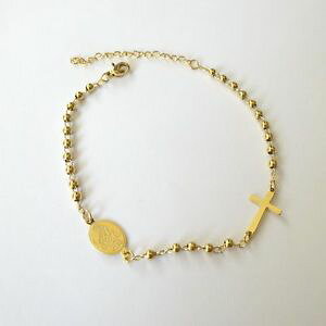 �y���������z�����Y�u���X���b�g�@�u���X���b�g�X�e�����X�X�`�[���S�[���f��mens womens rosary bracelet crucifix stainless steel golden 30 q