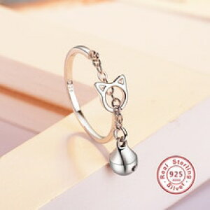 �y���������z�L�@�L���b�g�@�����O�@925�X�^�[�����O�x��genuine 925 sterling silver cat bell dangle rings for women