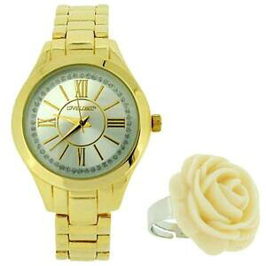 �y���������z�r���v�@���f�B�[�X�S�[���h�g�[�����^���u���X���b�g�X�g���b�v���x�����[�Y�����O�E�H�b�`love label ladies gold tone metal bracelet strap watch with rose ring bx8310ll