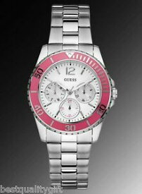 【送料無料】腕時計　クロノグラフシルバーストーンステンレススチールピンクベゼルウォッチ guess chronograph silver tone stainless steel pink bezel watchu10598l2