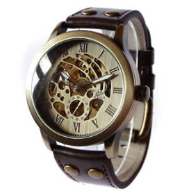 【送料無料】腕時計　スケルトンビンテージスタイリングレザースタッドボルト43mm bronze automatic skeleton vintage styling watch leather brass studs