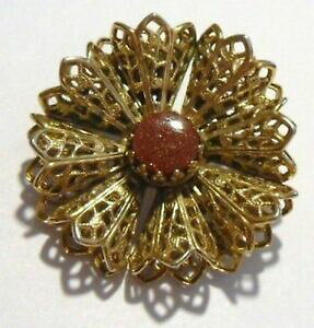 yzANZT[@lbNXre[Wu[`uEJ{Vbijou vintage broche ancienne fleur cabochon marron paillete couleur or *141