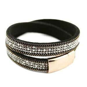 �y���������z�A�N�Z�T���[�@�l�b�N���X�u���X���b�g���b�v�m���[���_�u���c�A�[bracelet wrap slake double tour en cuir de daim et cristaux magntique noir