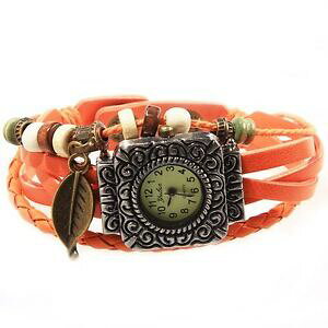 �y���������z�A�N�Z�T���[�@�l�b�N���X�u���X���b�g�I�����W�hmontre bracelet cadran carre orange pendentifs feuille et perles cuir de daim