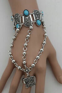 �y���������z�A�N�Z�T���[�@�l�b�N���X�`�F�[���u���X���b�g�X���[�u�n���h�t�����[�����O�^�[�R�C�Ypara dama, de plata metal mano pulsera cadena flor esclava anillo azul turquesa