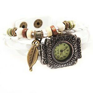 yzANZT[@lbNXuXbgre[Wumontre bracelet vintage pendentifs feuille et perles en cuir de daim blanc