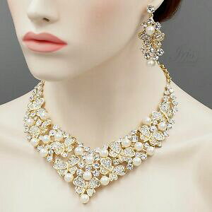 �y���������z�A�N�Z�T���[�@�l�b�N���X���b�L�l�b�N���X�C�������O�K���X�Z�b�gchapado en oro gp perla cristal collar pendientes boda conjunto de joyas 05402