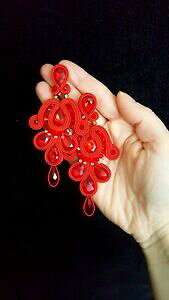 �y���������z�A�N�Z�T���[�@�l�b�N���X�C�������O�n���h���C�hsoutache earrings, handmade, red elegant, long, shiny
