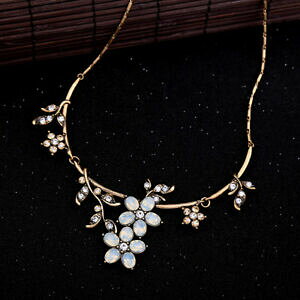 �y���������z�A�N�Z�T���[�@�l�b�N���X�R���A�[�h�[���R�[�g�A�[���f�R���g��collier dor court rigide art deco branche arbre feuille floral opale retro jd4