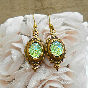 �y���������z�A�N�Z�T���[�@�l�b�N���X���g���J�{�V����boucles doreilles rtro victorienne cabochons anciens vert deau iridescent