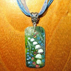 �y���������z�A�N�Z�T���[�@�l�b�N���X���V�A�I���W�i���y���_���g�����[�z���C�g�V�F��colgante lirio del valle original pintado a mano ruso concha blanco flores regalo