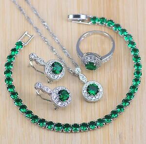 �y���������z�A�N�Z�T���[�@�l�b�N���X�C�������O�O���[���u���X���b�g�Z�b�g925 conjuntos de joyera de plata para mujer aretes pulsera de cristal verde boda fiesta
