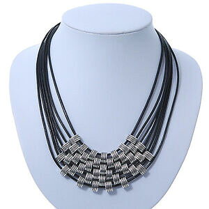 �y���������z�A�N�Z�T���[�@�l�b�N���X�����N�l�b�N���X�q��cordn de cuero negro de enlace oval hebras collar 42cm longitud6cm extender