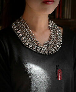 �y���������z�A�N�Z�T���[�@�l�b�N���X�R���A�[���X�f���J�E���^�J�e�S���N���X�^���o���b�Ncollier ras du cou multirang argent chaine cristal baroque original jd6