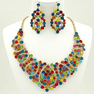 �y���������z�A�N�Z�T���[�@�l�b�N���X�S�[���h�O�����v���N���X�^���l�b�N���X�}���`�J���[�C�������O�Z�b�gprecioso oro gp multicolor collar con cristal pendientes conjunto de joyas 03299