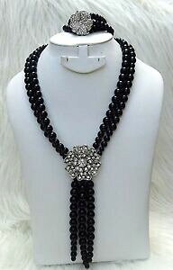 �y���������z�A�N�Z�T���[�@�l�b�N���X�K���X�Z�b�gperlas negras alargada real con set completo fiesta joyas de cristal para mujeres