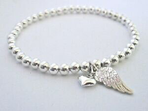 yzANZT[@lbNXX^[OVo[uXbgr[YXgb`corazn de un ngel de plata esterlina pulsera con dijes, para mujer regalo, 4mm granos stretch