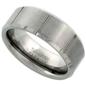 �y���������z�A�N�Z�T���[�@�l�b�N���X�^���O�X�e�������O�T�e���x�x���G�b�W8mm tungsten plano anillo de boda vertical grooves,acabado satn biselado bordes