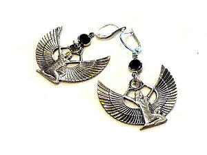 �y���������z�A�N�Z�T���[�@�l�b�N���X�m���[���K���X�C�������Obijou alliage argent boucles doreilles gyptienne cristal noir earrings
