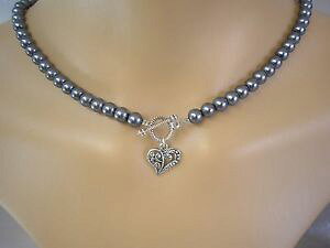 �y���������z�A�N�Z�T���[�@�l�b�N���X�A���v�l�b�N���X�n�[�gcollar de perlas de color con un tbar plata antiqued haba alternar amp; del encanto del corazn 10va