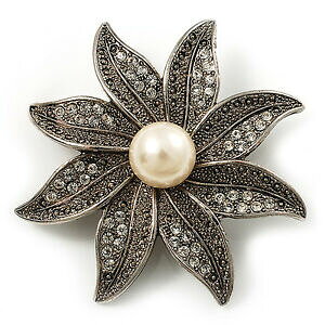 �y���������z�A�N�Z�T���[�@�l�b�N���X�K���X�r�[�Y�u���[�`antiguo plata perlas de cristal flor broche