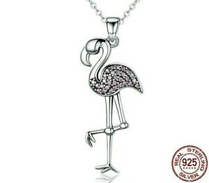 �y���������z�A�N�Z�T���[�@�l�b�N���X�s���N�t���~���S�K���X�X�^�[�����O�V���o�[�l�b�N���X�`�F�[��precioso flamenco rosa de cristal de plata esterlina 925 cadena collar 18