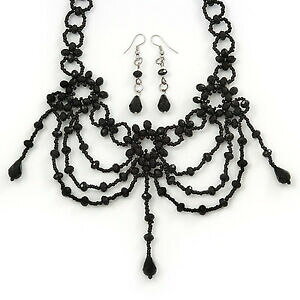 yzANZT[@lbNXKX`[J[lbNXSVbNv`iVo[y_gZbggrano de cristal negro gtico disfraz gargantilla collar y pendiente conjunto en plata pla