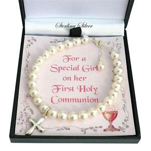 �y���������z�A�N�Z�T���[�@�l�b�N���X�X�^�[�����O�V���o�[�N���X�u���X���b�gprimera sagrada comunin pulsera con perlas y plata de ley cruz, regalo en caja