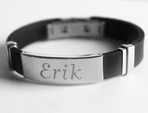 �y���������z�A�N�Z�T���[�@�l�b�N���X�V���R���V���o�[�l�[���v���[�gerikpara hombre de silicona y plata placa de nombre grabada pulseraidentidad boda