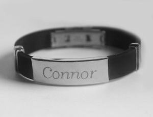 �y���������z�A�N�Z�T���[�@�l�b�N���X�V���R���V���o�[�u���X���b�gconnorpara hombre de silicona y plata placa de nombre grabada pulserada del padre
