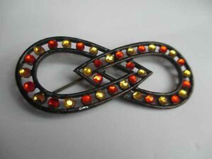Broche Vintage Charmante - Forme Boucle De Huit Noire Avec Cristaux Jaune Et Orange, Très Bon état