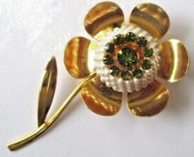 【送料無料】アクセサリー　ネックレス　ビンテージブランシュancienne broche bijou vintage fleur couleur or cristaux verts perle blanche 475