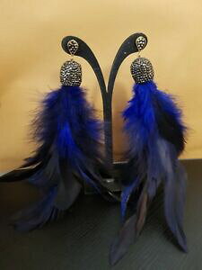 �y���������z�A�N�Z�T���[�@�l�b�N���X�@�X�����t�X�L�[�C�M���X�C�������Oorecchini con piume blu fatto a mano con cristalli swarovski venditore del regno unito