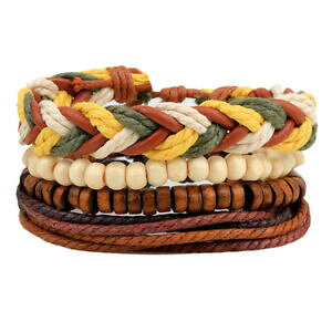 �y���������z�A�N�Z�T���[�@�l�b�N���X�@�u���X���b�g�r�[�Y���[�vbraccialetto retr composto 4pz in pelle perline legno corda colorata abbinata
