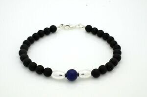�y���������z�A�N�Z�T���[�@�l�b�N���X�@�u���b�N�T�e���I�j�L�X���s�X���Y���u���X���b�g�X�^�[�����O�V���o�[�r�[�Ysatinato nero onice e lapislazzuli bracciale con 925 argento sterling perline ovale