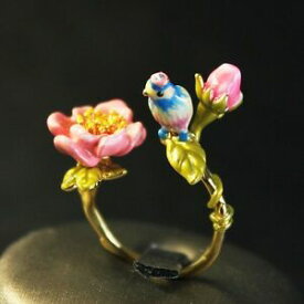 【送料無料】アクセサリー　ネックレス　プチローズバックbague reglable petit email oiseau perroquet bleu fleur rose retro original l3