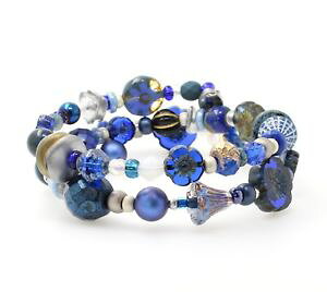 �y���������z�A�N�Z�T���[�@�l�b�N���X�@�`�F�R�K���X�r�[�Y�_�u�����b�v�J�t���x���V���o�[artisan czech glass perline fiore doppio wrap bracciale mare blu navy e argento nuovo con etichett