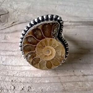 �y���������z�A�N�Z�T���[�@�l�b�N���X�@�v���^�A�����i�C�g�W�v�V�[anillo plata 925 fosil ammonite talla 8 18mm anillo boho joyera etnica gypsy