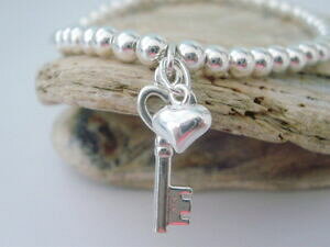�y���������z�A�N�Z�T���[�@�l�b�N���X�@�X�^�[�����O�V���o�[�L�[�u���X���b�g�X�^�b�L���O�X�g���b�`argento sterling chiave del mio cuore bracciale con charm, impilamento, stretch, womans regal