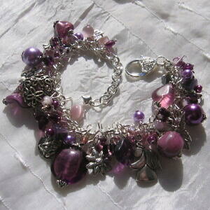 �y���������z�A�N�Z�T���[�@�l�b�N���X�@�u���X���b�g�X�i�b�v�t�b�Nbracelet mauve 19cm perles verre breloques chaine mousqueton argent delicatesse