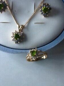 yzANZT[@lbNX@^Zbgdt in metallo tono oro bigiotteria set green amp; white gem stones