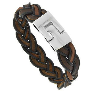 �y���������z�A�N�Z�T���[�@�l�b�N���X�@�u���X���b�g�X�e�����Xbicolore marrone intreccio pelle bracciale w acciaio inox magnetica chiusura