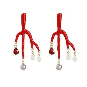 �y���������z�A�N�Z�T���[�@�l�b�N���X�@�C�������O�u�����`�R�[�������b�h�G�i�����p�[���z���C�g���g��orecchini candeliere ramo corallo smalto rosso perla bianco retr xx30